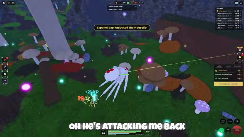 Spider attacking another creature with damage and XP feedback