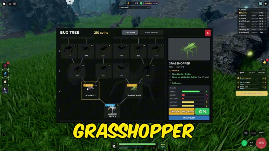 Grasshopper Tier 2 menu with Garden Spider level 12 and 200 coin requirements