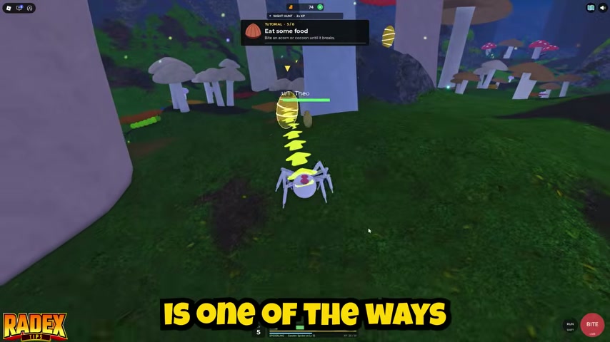 Bug Evolution tutorial instructing the spider to bite an acorn or cocoon until it breaks