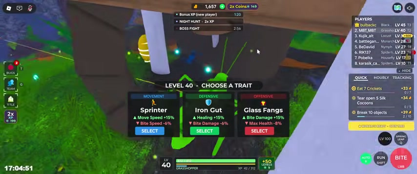 Level 40 trait cards showing Sprinter, Iron Gut and Glass Fangs